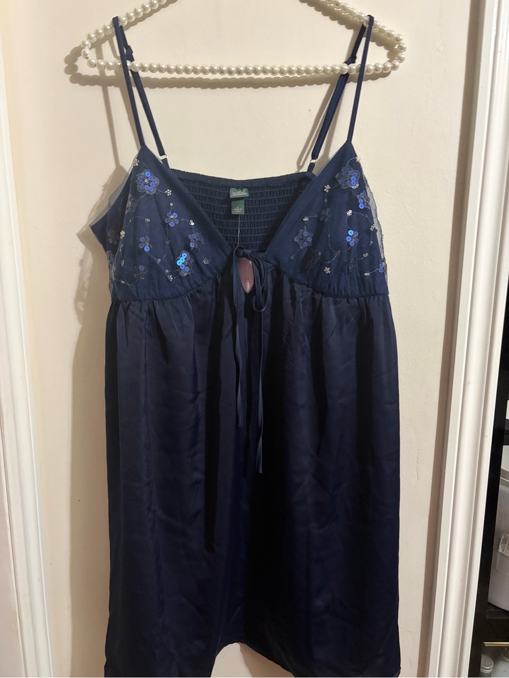 Wild Fable BabyDoll Dress navy embroidered satin chemise with sequin detail